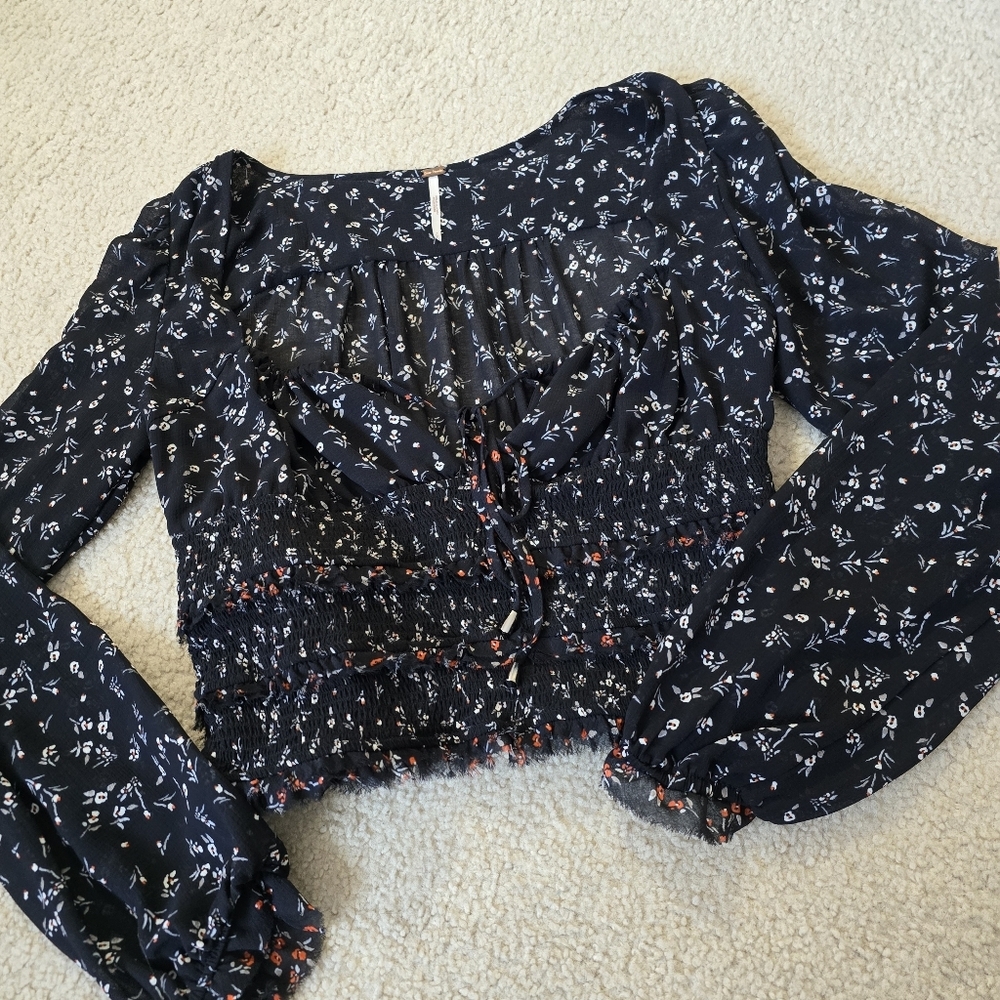 Free People Lolita Top Tiered Smocked Ruffle Raw Hem Drawstring Tie Long Sleeve - Picture 5 of 12